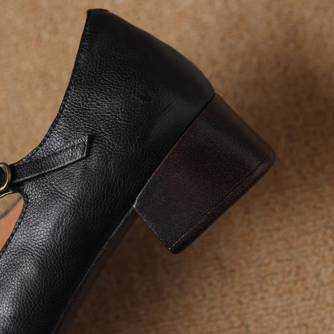 Genuine Leather Square Toe Slipon Pumps 4cm Thick Low Heel Ol Style Narrow Band Cross Strap Slim Shoes