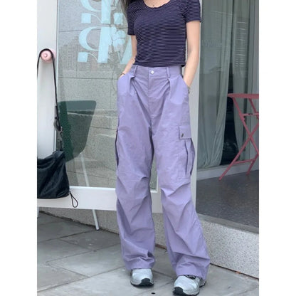 Printing Cargo Trousers for High Waist Patchwork Drawstring Long Pants Female Style