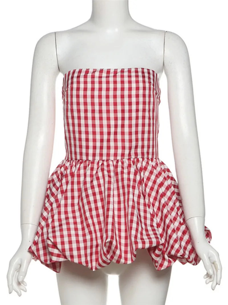 Spring Summer Plaid Tops for Strapless Off Shoulder Backless Ruched Red T-shirt Sleeveless Tees Top