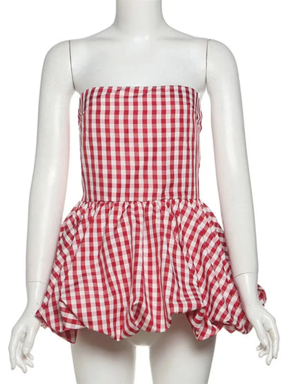 Spring Summer Plaid Tops for Strapless Off Shoulder Backless Ruched Red T-shirt Sleeveless Tees Top