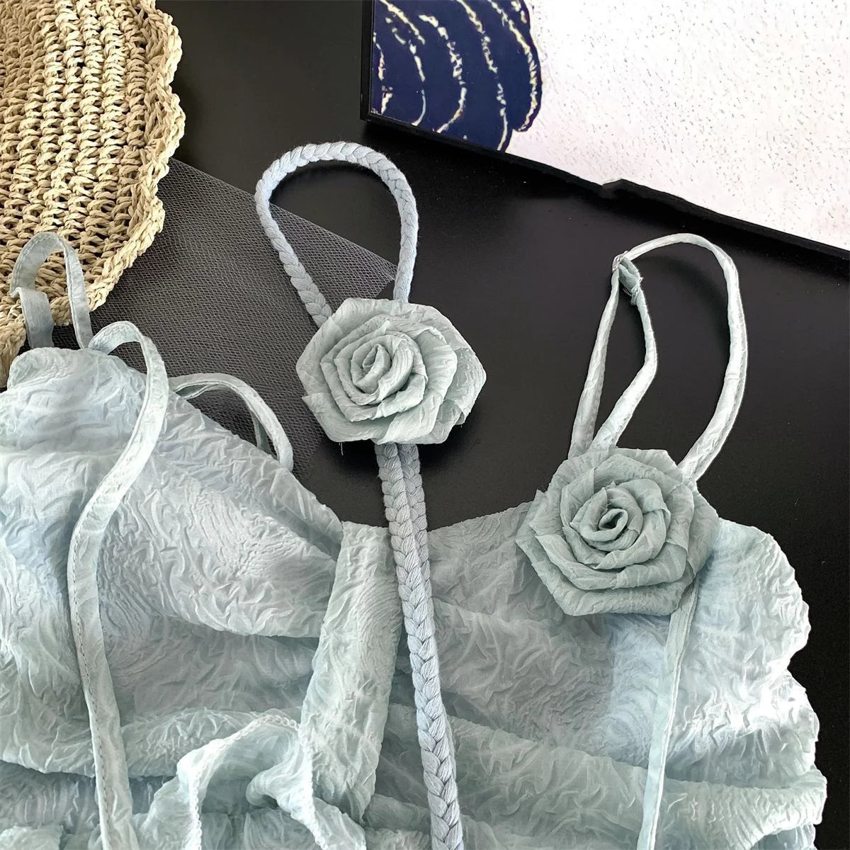 Korean Fairycore Midi Dress for Sweet Spaghetti Strap Halter Ruffles Birthday Party Dresses Summer Holiday Beach Vestidos