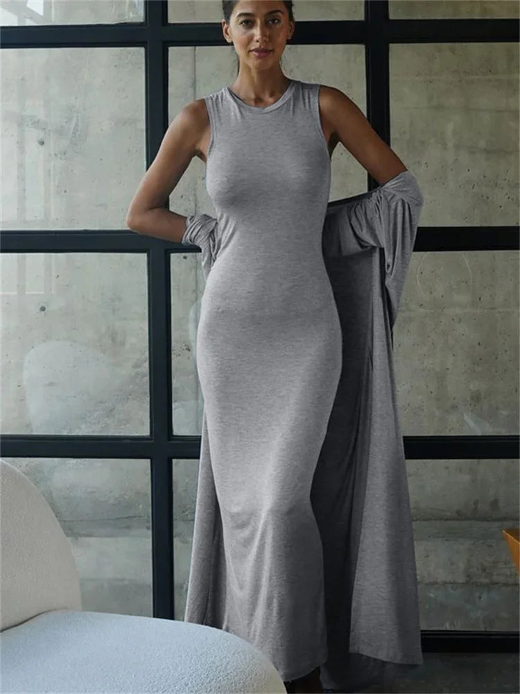 2 Piece-set Female Long Dress Slim High Waist Patchwork Sleeveless Dress and Overcoat Sets Maxi Dress Outfits