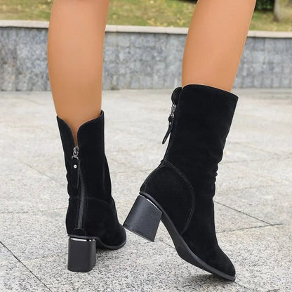 Fashionable Pointed Toe Back Zipper Design Black Suede Modern Ankle Boot
