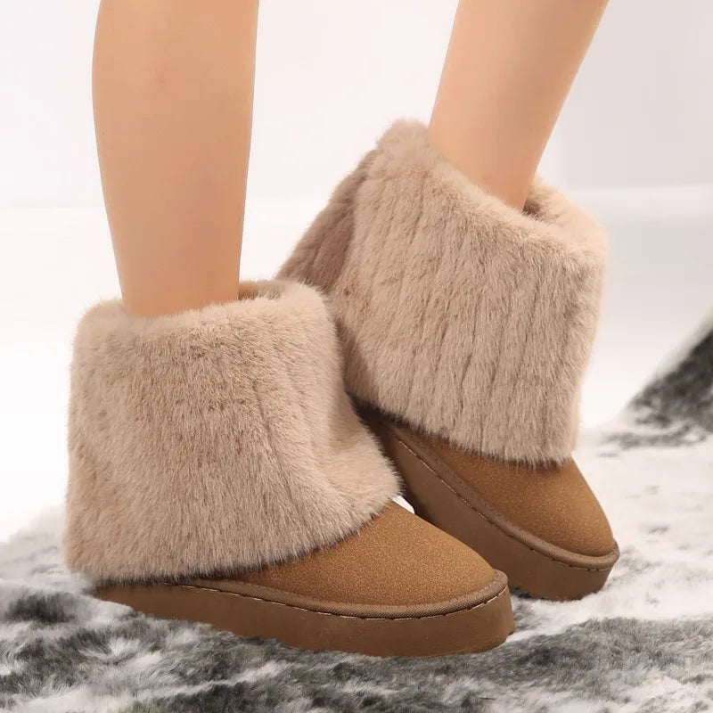 Shoes for New Slip on Boots Winter Round Toe Flock Plush Warm Mid Heel Water Proof Snow Boots