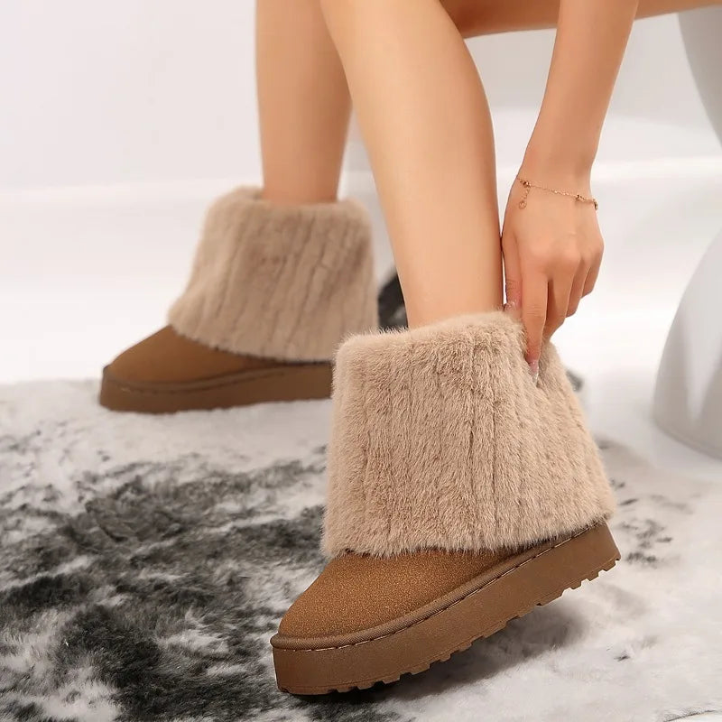 Shoes for New Slip on Boots Winter Round Toe Flock Plush Warm Mid Heel Water Proof Snow Boots