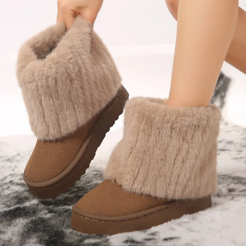 Slip-on Round Toe Flock Plush Warm Mid Heel Snow Boot