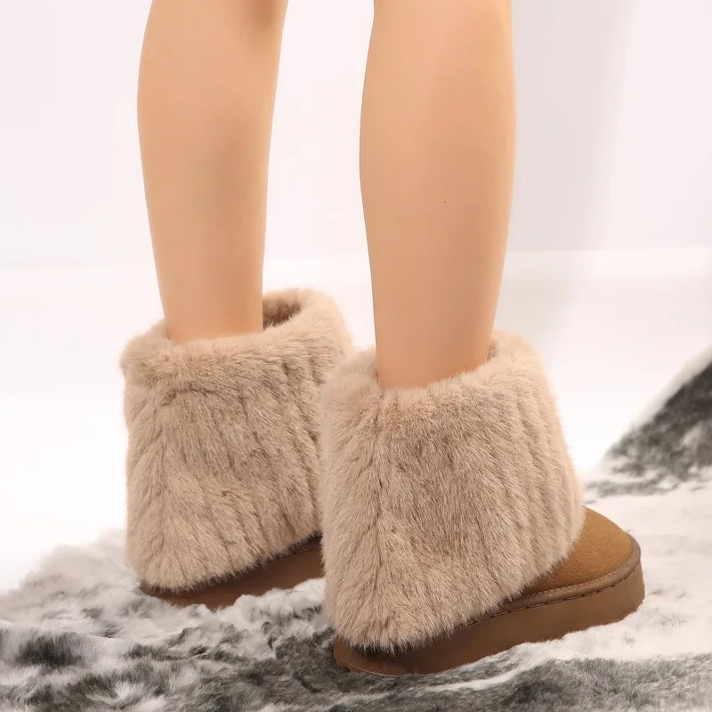 Shoes for New Slip on Boots Winter Round Toe Flock Plush Warm Mid Heel Water Proof Snow Boots