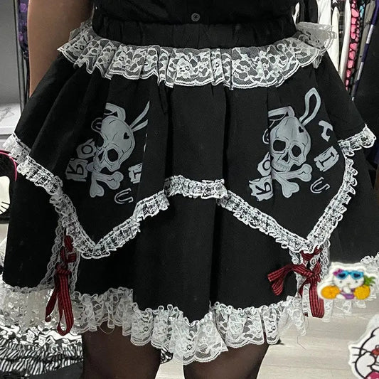 Short Dress Cosplay Subculture Y2k Lace Skeleton Gothic Trend Black High Waist Layered Skirt
