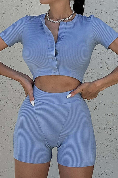 Short Sleeve Ribbed Knit Cardigan Bodycon Shorts Set