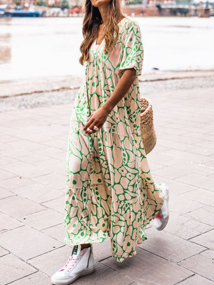 Short Sleeves V Neck Printed Maxi Dress