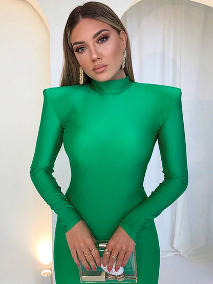 Shoulder Padded Long Sleeve Green Club Clothes Midi Dresses