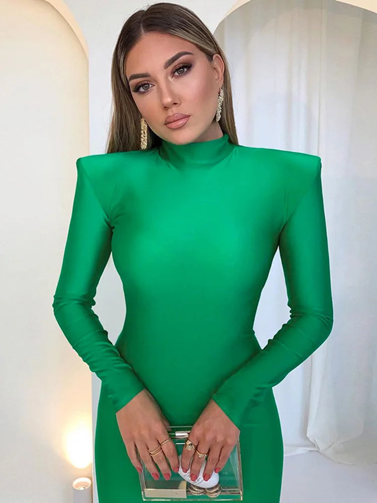 Shoulder Padded Long Sleeve Green Club Clothes Midi Dresses