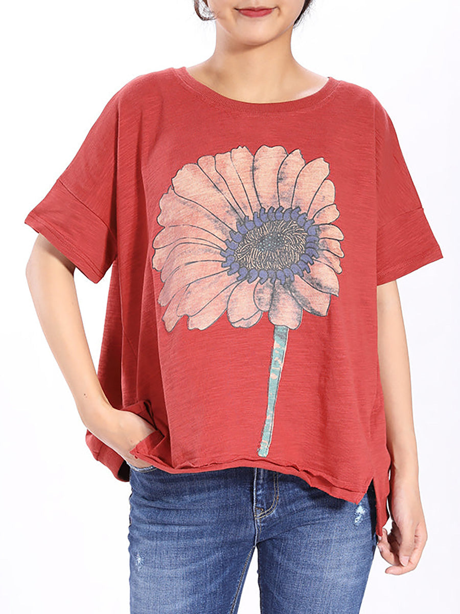 Short Sleeve Sunflower Printed T-shirt Qw1052