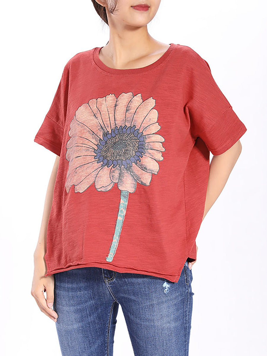 Short Sleeve Sunflower Printed T-shirt Qw1052