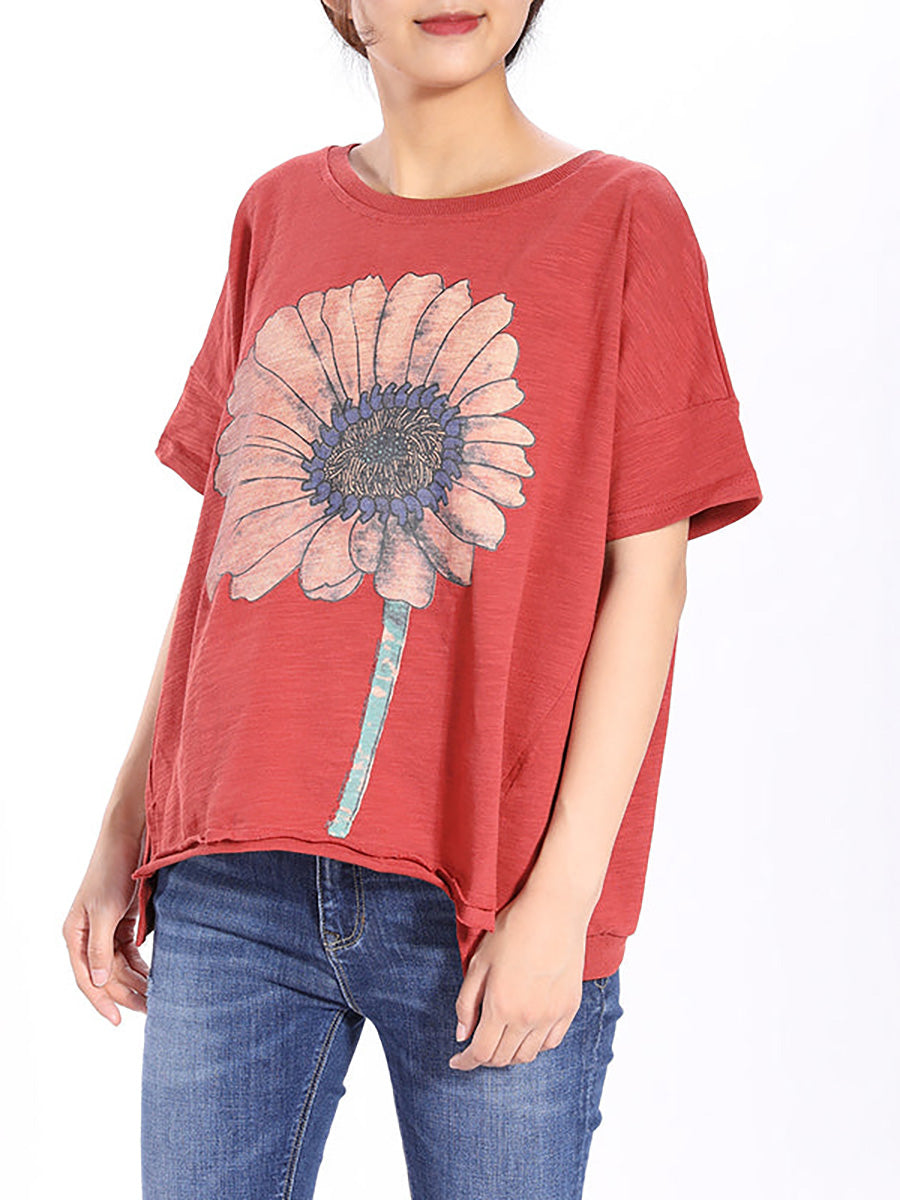 Short Sleeve Sunflower Printed T-shirt Qw1052