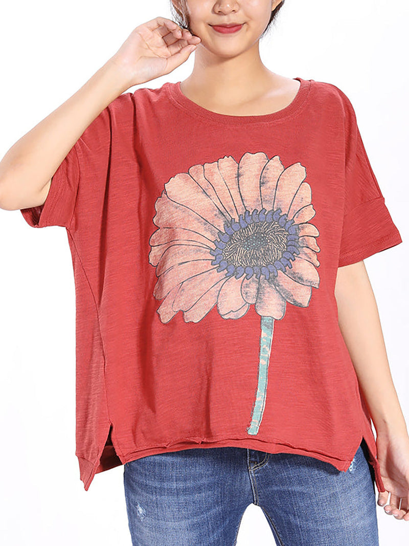 Short Sleeve Sunflower Printed T-shirt Qw1052