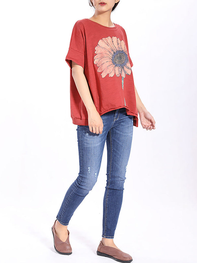 Short Sleeve Sunflower Printed T-shirt Qw1052