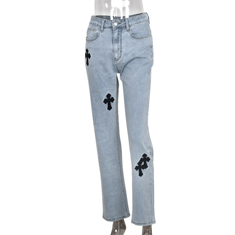 Low Waist Straight Denim Trousers Cyber Y2k Goth Pants Mom Jeans