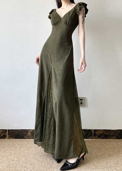 Silm Fit Army Green Exra Large Hem Patchwork Lace Long Dresses Summer Yp005