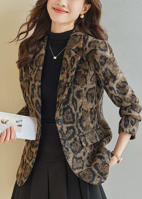 Silm Fit Coffee Leopard Print Woolen Coats Spring Yj057