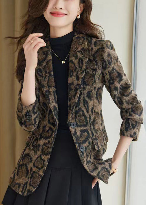Silm Fit Coffee Leopard Print Woolen Coats Spring Yj057