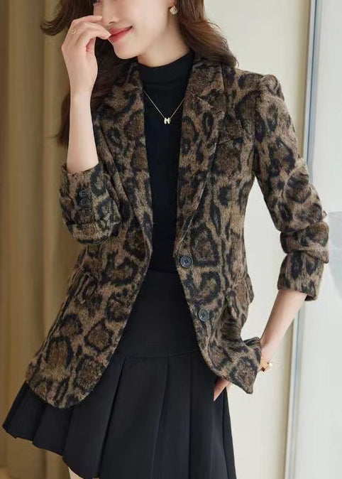 Silm Fit Coffee Leopard Print Woolen Coats Spring Yj057