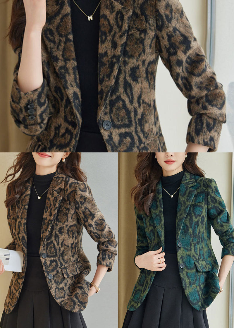 Silm Fit Coffee Leopard Print Woolen Coats Spring Yj057