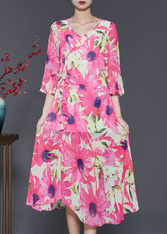 Silm Fit Pink V Neck Print Chiffon Long Dress Flare Sleeve Sd1057