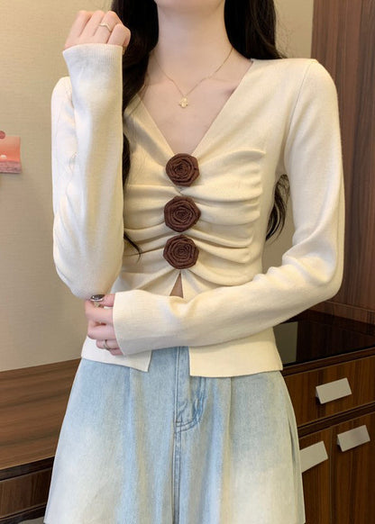 Silm Fit White V Neck Knit Sweater Spring Tm030