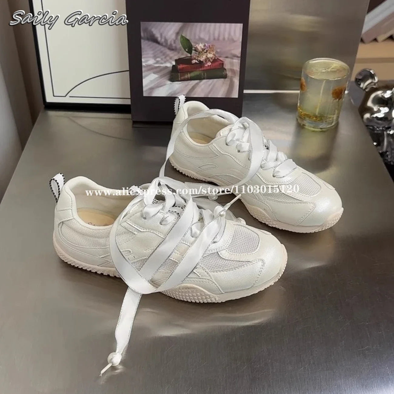Silver Air Mesh Satin Shoelaces Jogging Sneakers New Round Toe Platform Training Shoes Footwear Trainers
