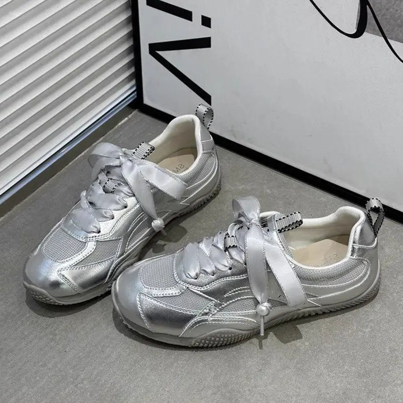 Silver Air Mesh Satin Shoelaces Jogging Sneakers New Round Toe Platform Training Shoes Footwear Trainers