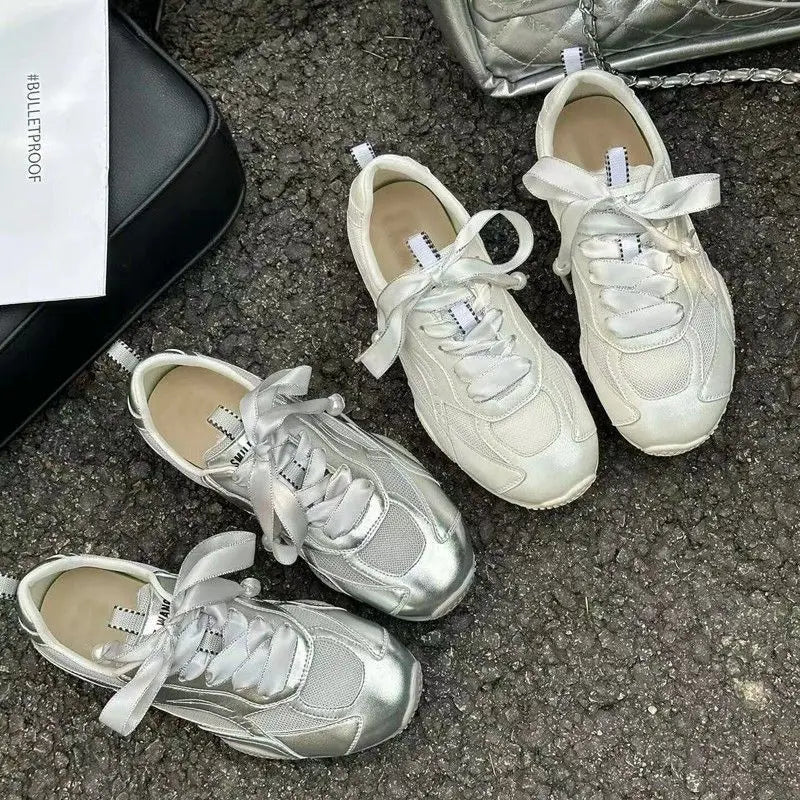 Silver Air Mesh Satin Shoelaces Jogging Sneakers New Round Toe Platform Training Shoes Footwear Trainers