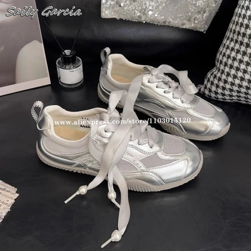 Silver Air Mesh Satin Shoelaces Jogging Sneakers New Round Toe Platform Training Shoes Footwear Trainers