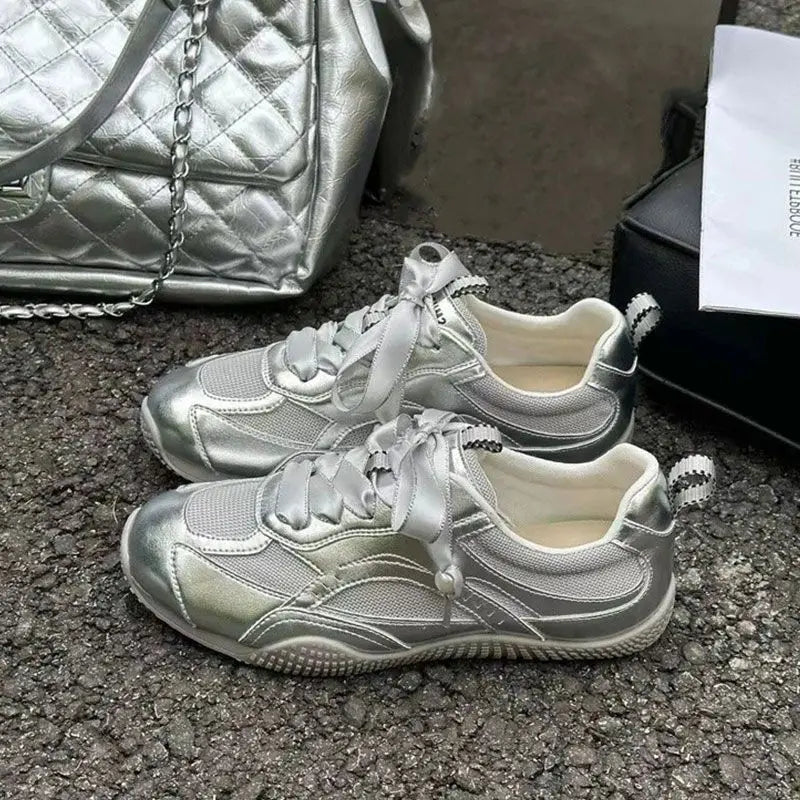 Silver Air Mesh Satin Shoelaces Jogging Sneakers New Round Toe Platform Training Shoes Footwear Trainers