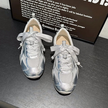 Silver Air Mesh Satin Shoelaces Jogging Sneakers New Round Toe Platform Training Shoes Footwear Trainers