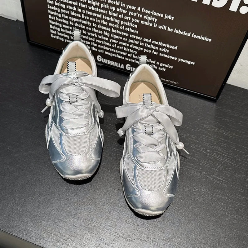Silver Air Mesh Satin Shoelaces Jogging Sneakers New Round Toe Platform Training Shoes Footwear Trainers