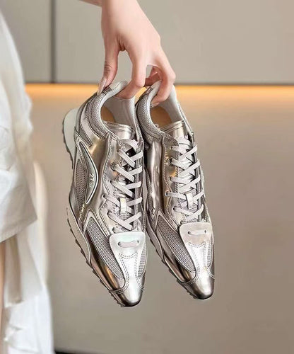 Silver Faux Leather Lace Up Splicing Sport Shoes Pointed Toe Yc001