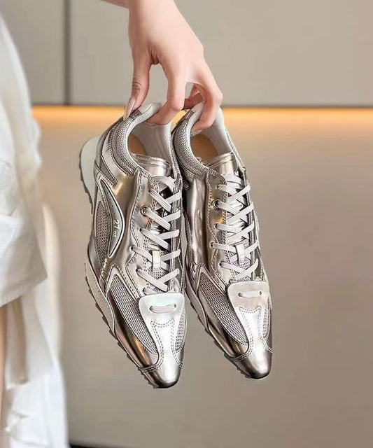 Silver Faux Leather Lace Up Splicing Sport Shoes Pointed Toe Yc001