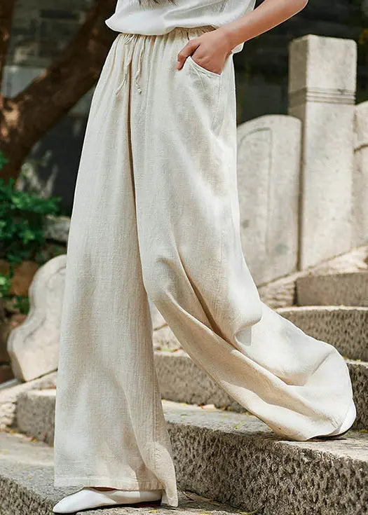 Simple Apricot Lace Up Pockets Linen Pants Summer Cg1037