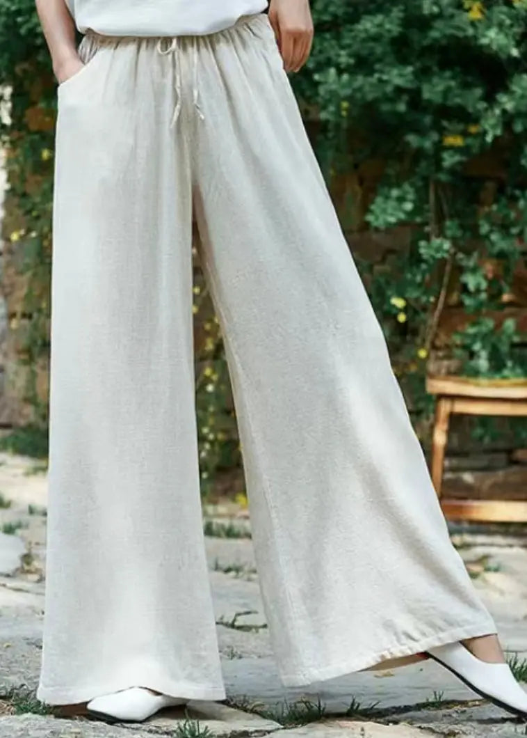 Simple Apricot Lace Up Pockets Linen Pants Summer Cg1037