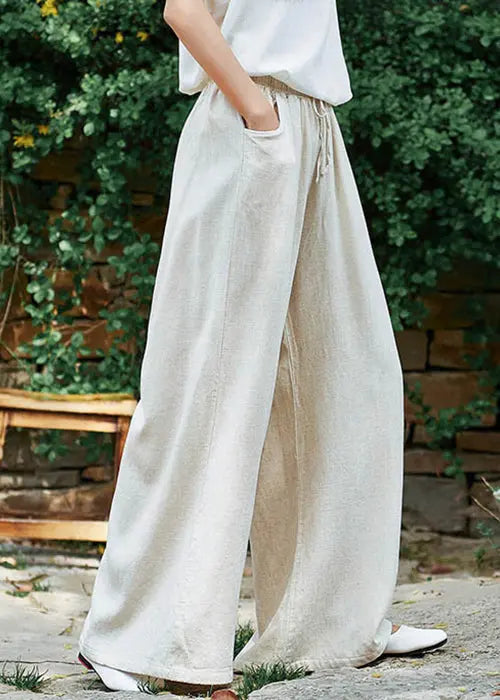 Simple Apricot Lace Up Pockets Linen Pants Summer Cg1037