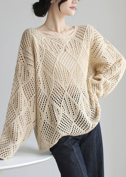 Simple Apricot O Neck Hollow Out Knit Sweater Spring Tf019