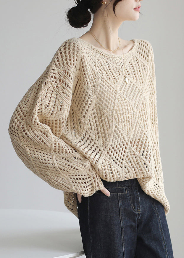 Simple Apricot O Neck Hollow Out Knit Sweater Spring Tf019