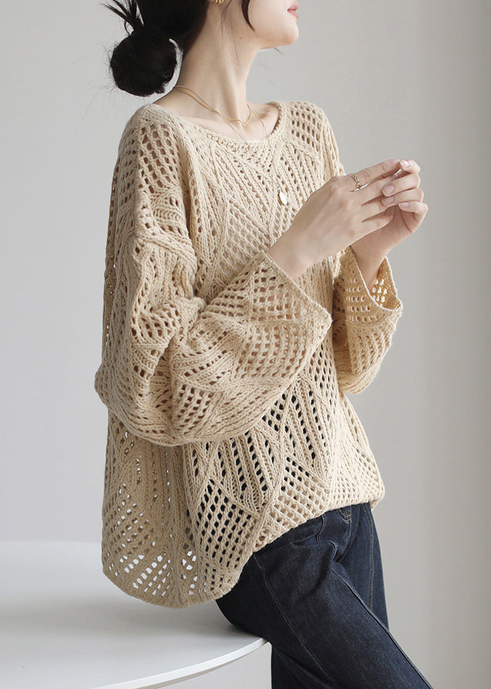 Simple Apricot O Neck Hollow Out Knit Sweater Spring Tf019