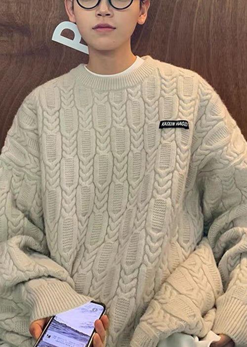 Simple Apricot O Neck Thick Cable Knit Sweaters Fall Qh033