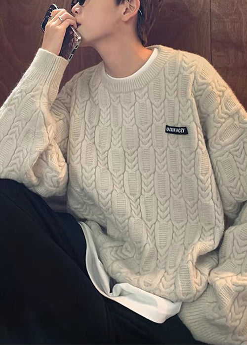 Simple Apricot O Neck Thick Cable Knit Sweaters Fall Qh033