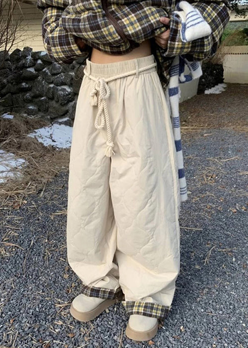 Simple Apricot Plaid Pockets Elastic Waist Pants Winter Rm033
