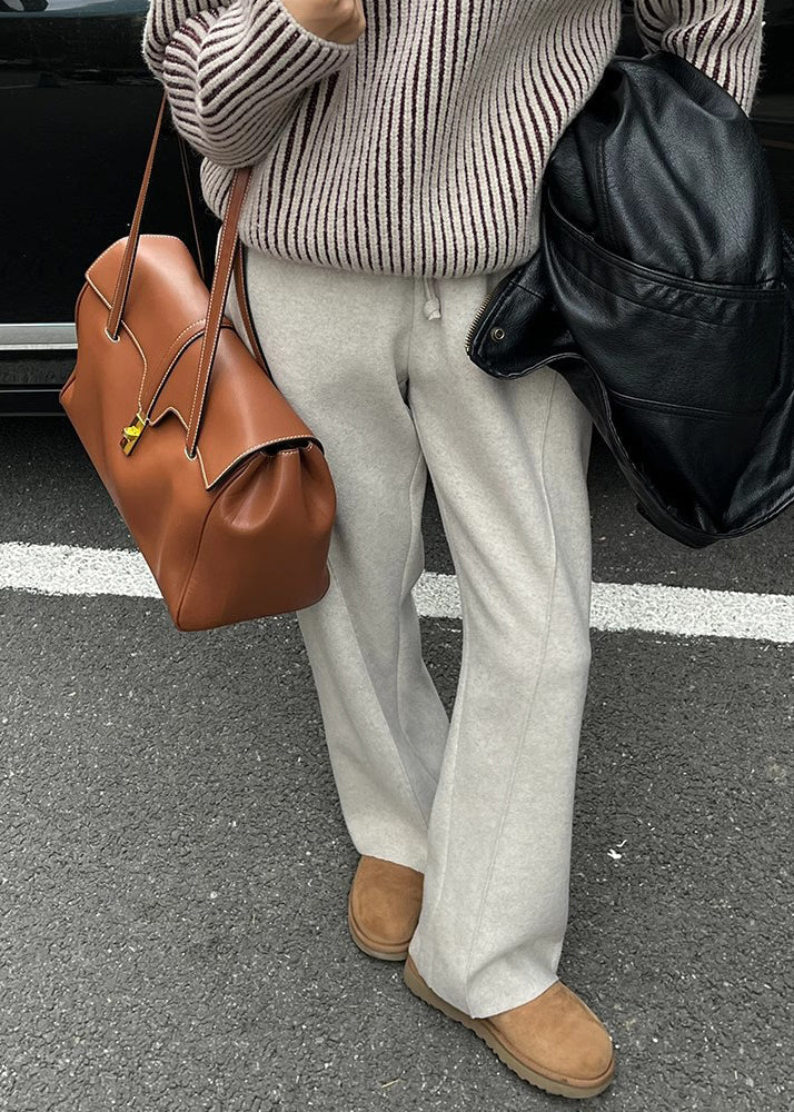 Simple Apricot Pockets Elastic Waist Woolen Pants Winter Rf018