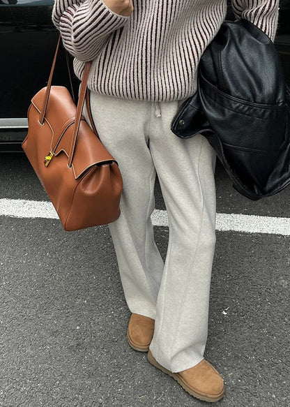Simple Apricot Pockets Elastic Waist Woolen Pants Winter Rf018