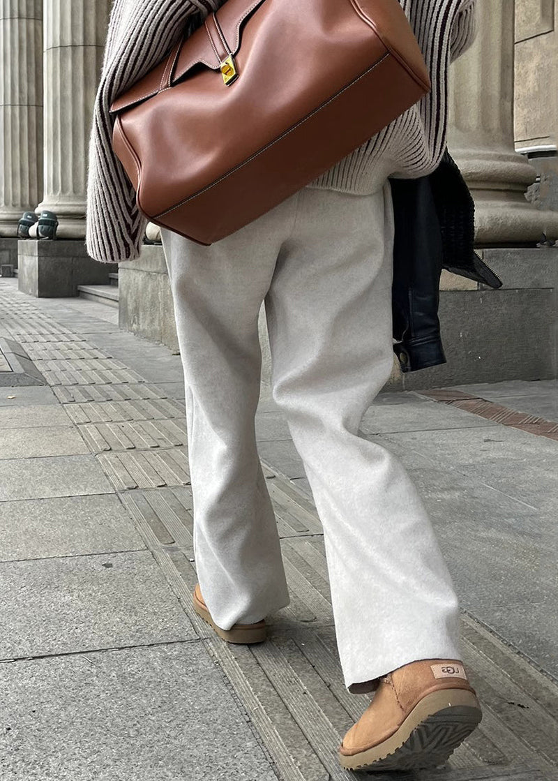 Simple Apricot Pockets Elastic Waist Woolen Pants Winter Rf018